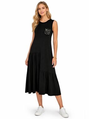 V by Violet Weekend Black Sleeveless Dress Studded Pocket Stretch Midi Size S.